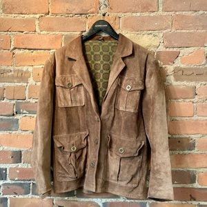 Retro Brown Leather Jacket with Gold Buttons and Paisley Lining.  Size: S.